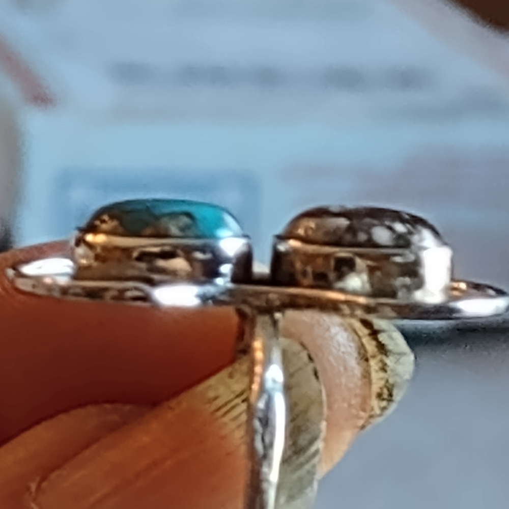 Sterling MB Navajo Double Turquoise Ring — Blue & Matrix Cabs, 925, Sz [insert] - Picture 6 of 15
